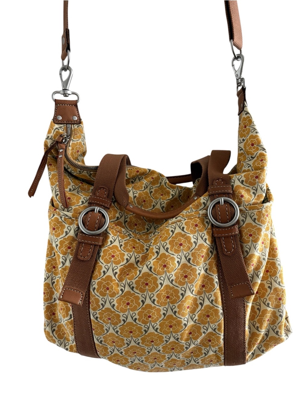 Fossil Yellow Floral Canvas Weekender Bag with Brown Leather Trim